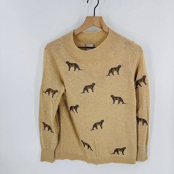 Chico’s Wool Cashmere Leopard Embroidered Sweater Tan Crewneck Women’s Size 0 - Picture 7 of 7